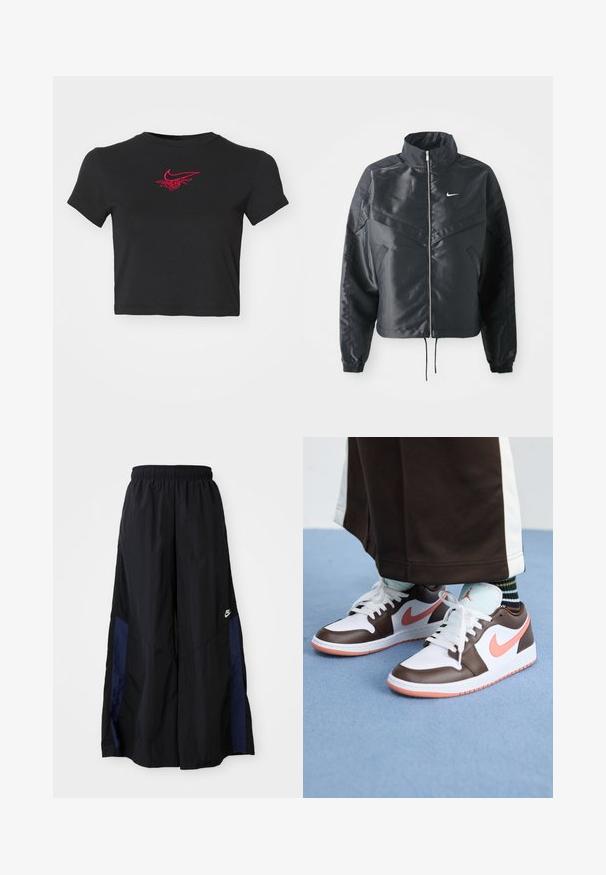 Svart cropped jakke med høy krage, glidelåsåpning, elastiske mansjetter og en hvit Nike-logo. Glatt, shiny stoff med en lett teksturert overflate.; Svart avkortet t-skjorte med rund hals og korte ermer. Har rød brodert Nike-logo med et blomsterdesign på forsiden.; Svarte vide bukser laget av lett stoff, med et marineblått sidestykke og elastisk midjebånd. Liten hvit logo nederst.; Hvite og brune Nike Air Jordan-sneakers med rosa detaljer, med lavt design, hvite snører og en teksturert gummisåle.