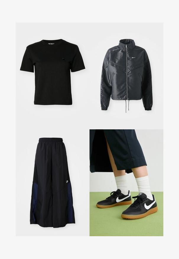 Juoda trumpa striukė su aukštu coloru, užtrauktuku, elastaniniu rankogaliu ir balta Nike logotipu. Lygus, blizgus audinys su šiek tiek tekstūruotu paviršiumi.; Juodas medvilnės marškinėliai. Trumpomis rankovėmis ir apykakle. Kairėje krūtinės pusėje yra mažas tamsus logotipas. Paprastas, klasikinis dizainas.; Juodos plačios kojų kelnės, pagamintos iš lengvos medžiagos, su tamsiai mėlyna šonine juostele ir elastinga juosmens juosta. Maža balta logotipo etikete apačioje.; Juodos odinės ir sintetinių medžiagų sportbačiai su balta Nike swoosh, guminis padas, apvalus pirštas ir juodi raišteliai. Matomos banguotos baltos kojinės.