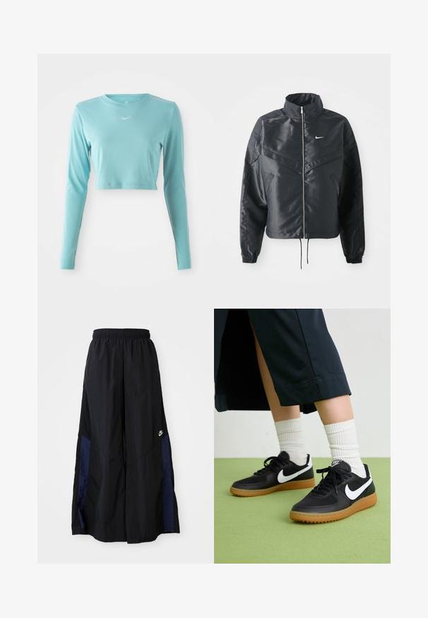 Must kolledžiga must lühike jope, millel on lukuga sulgus, elastne mansett ja valge Nike logo. Sile, läikiv kangas, millel on veidi tekstureeritud pind.; Hele sinine lühikeste varrukatega särk, mis on valmistatud siledast kangast, ümmarguse kaelusega ja rinnal väikese valge logoga.; Mustad laiad mustad püksid kergest kangast, millel on tumesinine külgpaneel ja elastne vöökoht. Väike valge logo allservas.; Mustad nahast ja sünteetilised sneekerid valge Nike logoga, kummist gumme, ümar nina ja mustad paelad. Näha ribakujulisi valgeid sokke.