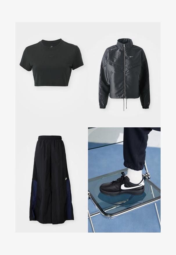 Chaqueta negra corta con cuello alto, cierre de cremallera, puños de elastano y un logo de Nike en blanco. Tejido suave y brillante con una superficie ligeramente texturizada.; Nike Sportswear Camiseta básica - black; Pantalones de pierna ancha negros, confeccionados en una tela ligera, con un panel lateral azul marino y una cinturilla elástica. Logotipo blanco pequeño en la parte inferior.; Zapatillas Nike negras con acentos blancos, con una textura de cuero suave, diseño de cordones y punta redondeada, colocadas sobre una silla de cristal.