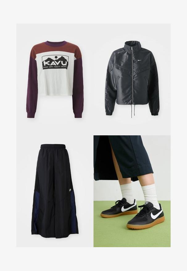 Zwarte cropped jack met hoge kraag, ritsluiting, elastische manchetten en een wit Nike-logo. Glad, glanzend materiaal met een licht gestructureerd oppervlak.; KAVU FRANCIS - Longsleeve - canyon ranch; Zwarte wijdlopende broek van lichtgewicht stof, met een marineblauwe zijpaneel en een elastische tailleband. Klein wit logo onderaan.; Zwarte leren en synthetische sneakers met witte Nike swoosh, rubberen gumzool, ronde neus en zwarte veters. Geribbelde witte sokken zichtbaar.