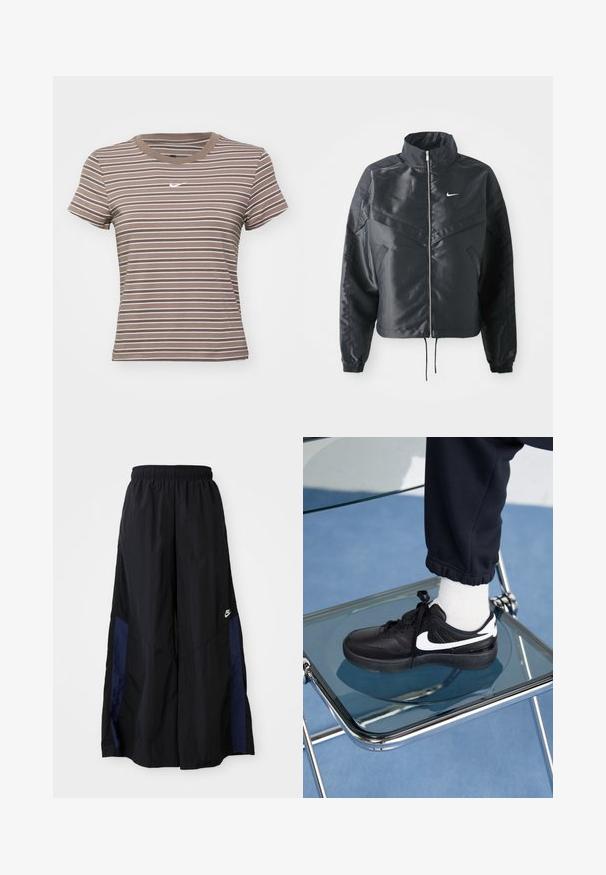 Mustat lyhyet takit, joissa on korkea kaulus, vetoketjukiinnitys, elastaanista valmistetut hihan suut ja valkoinen Nike-logo. Sileä, kiiltävä kangas, jossa on hieman tekstuuria.; Valkoinen ja ruskea raidallinen lyhythihainen t-paita, jossa on pyöreä kaula-aukko ja pieni valkoinen logo rinnassa. Valmistettu pehmeästä puuvillamateriaalista.; Musta leveälahkeinen housu, joka on valmistettu kevyestä kankaasta. Housuissa on tummansininen sivupaneeli ja joustava vyötärö. Alhaalla on pieni valkoinen logo.; Mustat Nike-tennarit valkoisilla yksityiskohdilla, joissa on sileä nahkapinta, nauhakiinnitys ja pyöreä varvas, aseteltuna lasituolille.