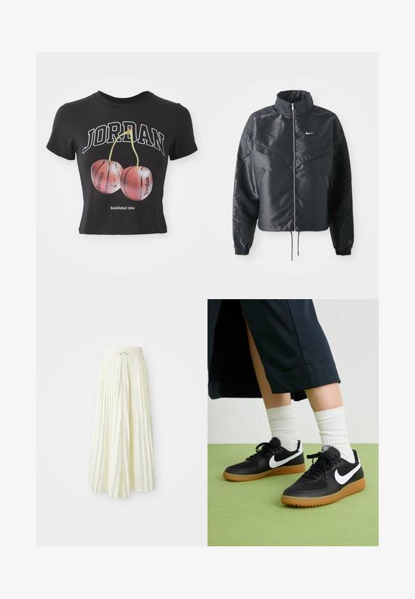 Svart cropped jakke med høy krage, glidelåsåpning, elastiske mansjetter og en hvit Nike-logo. Glatt, shiny stoff med en lett teksturert overflate.; Svart bomullskortermet t-skjorte med "JORDAN" i hvitt, med et grafisk motiv av to røde kirsebær som ligner på basketballer. Det inkluderer detaljer som "Etablert 1984."; Plisse midi-skjørt i lys gul stoff, med elastisk midjebånd med knyting, glatt tekstur og vertikale striper for ekstra detaljer.; Sorte lær- og syntetiske joggesko med hvit Nike swoosh, gummisåle, rund tå og sorte lisser. Ribbet hvite sokker synlige.