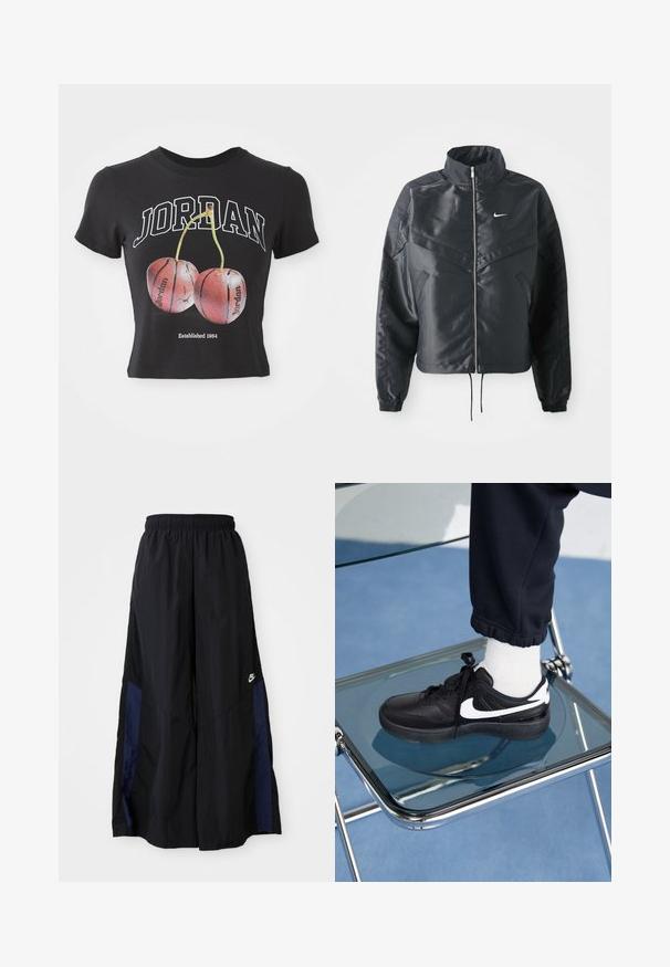 Černá zkrácená bunda s vysokým límcem, zipovým zapínáním, elastickými manžetami a bílým logem Nike. Hladká, lesklá látka s mírně strukturovaným povrchem.; Černé bavlněné tričko s krátkým rukávem s nápisem "JORDAN" v bílé barvě, doplněné grafikou dvou červených třešní připomínajících basketbalové míče. Doplňky zahrnují nápis "Established 1984."; Černé kalhoty širokého střihu vyrobené z lehkého materiálu, s námořnickou modrou bočním panelem a elastickým pasem. Malé bílé logo na spodní části.; Černé tenisky Nike s bílými akcenty, s hladkou koženou texturou, šněrovacím designem a zaoblenou špičkou, umístěné na skleněné židli.