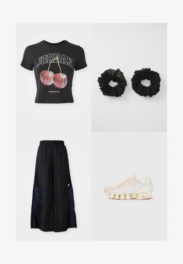Casaco preto curto com colarinho alto, fecho de zip, punhos em elastano e um logótipo Nike branco. Tecido suave e brilhante com uma superfície ligeiramente texturizada.; T-shirt cropped preto em algodão com "JORDAN" em branco, acompanhada de uma ilustração de duas cerejas vermelhas que se assemelham a bolas de basquete. Detalhes incluem "Estabelecido em 1984."; Calças largas pretas feitas de tecido leve, com um painel lateral azul-marinho e cintura elástica. Pequeno logótipo branco na parte inferior.; Tênis Nike com um upper translúcido em suaves tons pastel, painéis texturizados e uma sola acolchoada distinta composta por segmentos empilhados.; Fivelas de tecido preto com uma textura franzida, apresentando padrões de ilhós. Dois tamanhos, ambos macios, com um acabamento delicado.
