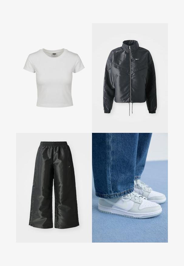 Jachetă croppată neagră cu guler înalt, închidere cu fermoar, manșete din elastan și un logo alb Nike. Material neted, lucios, cu o suprafață ușor texturată.; Tricou alb din bumbac cu guler clasic, mâneci scurte și o croială fitted. Fără modele sau accente vizibile.; Pantaloni sportivi negri dintr-un material lucios si neted, dotati cu o talie elastica, picioare late si un logo mic pe partea stanga.; Tenisi Nike din piele albă și gri deschis, cu vârful perforat, șireturi plate și talpă din cauciuc, asortați cu blugi din denim albastru.