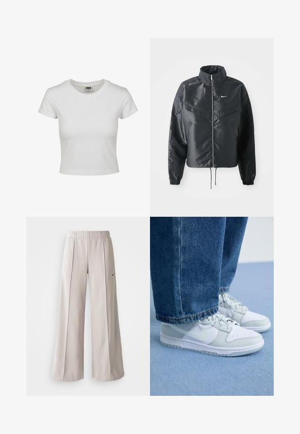 Čierna skrátená bunda s vysokým golierom, zipsovým uzatváraním, elastickými manžetami a bielym logom Nike. Hladká, lesklá tkanina s mierne textúrovaným povrchom.; Biela bavlnená tričko s klasickým okrúhlym výstrihom, krátkymi rukávmi a priliehavým strihom. Bez viditeľných vzorov alebo akcentov.; Svetlo šedé nohavice s širokým strihom vyrobené z hladkej tkaniny. Obsahujú elastický pás a čierne logo Nike na ľavej strane.; Nike tenisky v bielej a svetlošedej koži s perforovanou špičkou, plochými šnúrkami a gumovou podrážkou, spárované s modrými džínami.