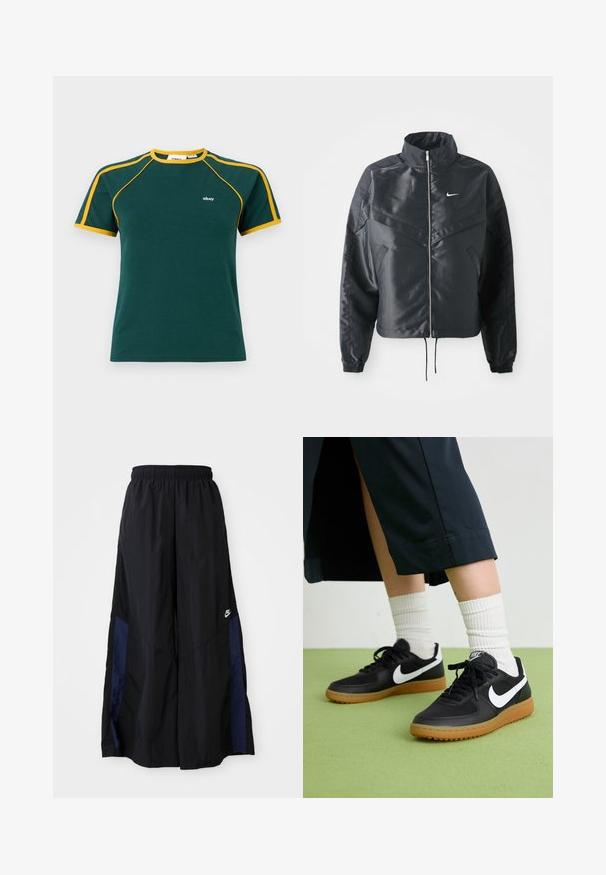 Juoda trumpa striukė su aukštu coloru, užtrauktuku, elastaniniu rankogaliu ir balta Nike logotipu. Lygus, blizgus audinys su šiek tiek tekstūruotu paviršiumi.; Žalias medvilnės marškinėliai su geltonais akcentais ant apykaklės ir rankovių, su mažuoju baltu logotipu krūtinėje ir klasikiniu apvaliu kaklu.; Juodos plačios kojų kelnės, pagamintos iš lengvos medžiagos, su tamsiai mėlyna šonine juostele ir elastinga juosmens juosta. Maža balta logotipo etikete apačioje.; Juodos odinės ir sintetinių medžiagų sportbačiai su balta Nike swoosh, guminis padas, apvalus pirštas ir juodi raišteliai. Matomos banguotos baltos kojinės.