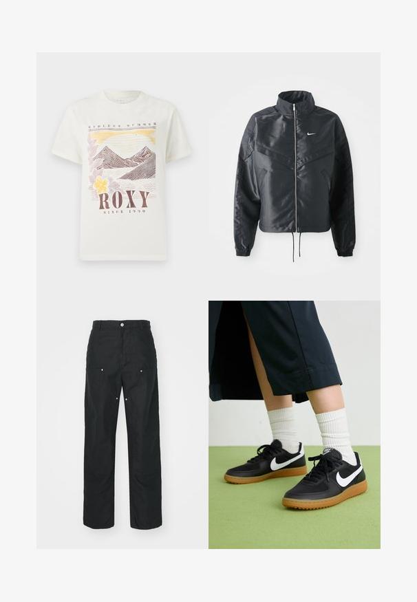 Sort cropped jakke med høj krave, lynlås lukning, elastiske manchetter og et hvidt Nike-logo. Glat, blankt stof med en let struktureret overflade.; Hvid bomulds t-shirt med grafik af bjerg og solnedgang i jordfarver, med teksten "ROXY" og "ENDLESS SUMMER". Klassisk pasform, korte ærmer.; Sorte bukser med lige ben-design, lavet af et tekstureret stof. Har dekorativt sølvhardware og unikke sømdetaljer.; Sorte læder- og syntetiske sneakers med hvid Nike swoosh, gummisål, rund tå og sorte snørebånd. Ribbede hvide sokker synlige.