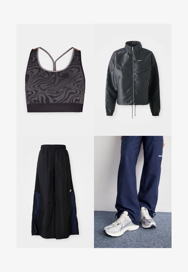 Svart cropped jakke med høy krage, glidelåsåpning, elastiske mansjetter og en hvit Nike-logo. Glatt, shiny stoff med en lett teksturert overflate.; Svart sportsbh med grå virvlende mønster, med scoop hals og racerback-design. Laget av teksturert strikket stoff.; Svarte vide bukser laget av lett stoff, med et marineblått sidestykke og elastisk midjebånd. Liten hvit logo nederst.; Nike treningssko med sølvfarget mesh-overdel, hvite detaljer og teksturerte såler, kombinert med løse mørkeblå bukser.
