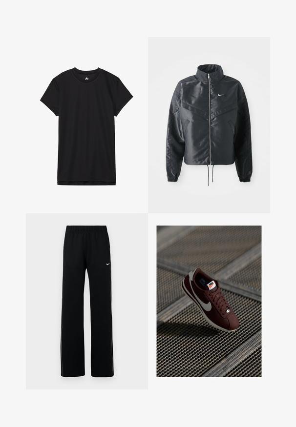 Must kolledžiga must lühike jope, millel on lukuga sulgus, elastne mansett ja valge Nike logo. Sile, läikiv kangas, millel on veidi tekstureeritud pind.; Must mustaga t-särk pehmest kangast, ringkaelusega ja tavalise lõikega. Ei mingeid nähtavaid mustreid ega aktsente.; Mustad mustreeritud spordipüksid laiade jalgadega, elastse vöökohaga, küljetaskutega ja valgete kontrastsete külgtriipudega; Nike logo vasakul ülal.; Nike tossud, millel on maroon värvi ülemine osa ja kreemivärvi swoosh, lõppide sulgemisega ning valge tald, paigutatud tekstuursele pinnale.