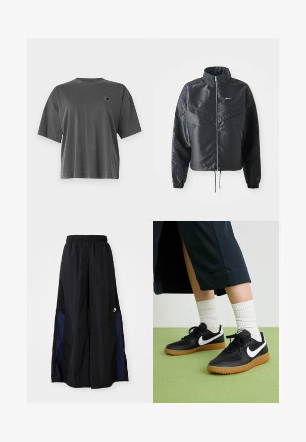 Črna skrajšana jakna z visokim ovratnikom, zadrgo, elastan rokavi in belim logotipom Nike. Gladek, sijoč material z rahlo teksturirano površino.; Siva bombažna majica s krojem okroglega vratu in kratkimi rokavi. Ima majhen logotip v kontrastni barvi na levi strani prsnega koša.; Črne široke hlače iz lahkega materiala, z morsko modrim stranskim panelom in elastičnim pasom. Majhna bela oznaka na dnu.; Črne usnjene in sintetične superge z belim Nike swooshom, gumo na podplatu, okroglo konico ter črnimi vezalkami. Vidne so rebraste bele nogavice.