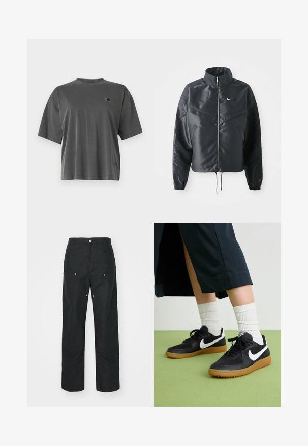 Black cropped jacket with high collar, zip closure, elastane cuffs, and a white Nike logo. Smooth, shiny fabric with a slightly textured surface.; Gray cotton t-shirt with a crew neck and short sleeves. Features a small logo patch in a contrasting color on the left chest area.; Black trousers with a straight-leg design, made of a textured fabric. Features decorative silver hardware and unique seam detailing.; Black leather and synthetic sneakers with white Nike swoosh, rubber gum sole, round toe, and black laces. Ribbed white socks visible.