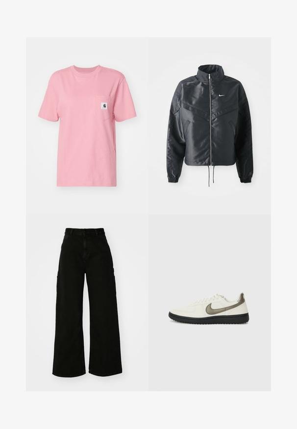 Jachetă croppată neagră cu guler înalt, închidere cu fermoar, manșete din elastan și un logo alb Nike. Material neted, lucios, cu o suprafață ușor texturată.; Carhartt WIP POCKET - Tricou basic - dusty rose; Pantaloni cargo negri, cu pantaloni largi din denim, având talie înaltă, închidere cu fie-button în față și buzunare laterale. Textură netedă cu cusături minime.; Nike Sportswear FIELD GENERAL - Sneakers low - off-white/black