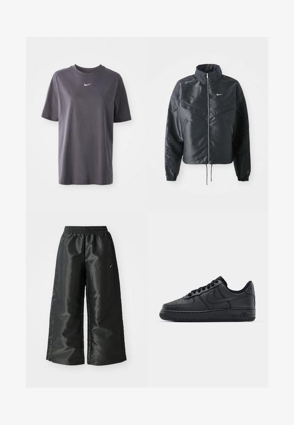 Čierna skrátená bunda s vysokým golierom, zipsovým uzatváraním, elastickými manžetami a bielym logom Nike. Hladká, lesklá tkanina s mierne textúrovaným povrchom.; Tmavošedé tričko s krátkym rukávom vyrobené z mäkkej bavlny, s malým bielym logom Nike swoosh na prsiach a klasickým okrúhlym výstrihom.; Čierne športové nohavice s lesklým, hladkým materiálom, ktoré majú elastický pás, široké nohavice a malé logo na ľavej strane.; Čierne kožené tenisky s perforovanou špičkou, plochými šnúrami a gumovou podrážkou. Obsahujú malé logo na boku a textúrované detaily.