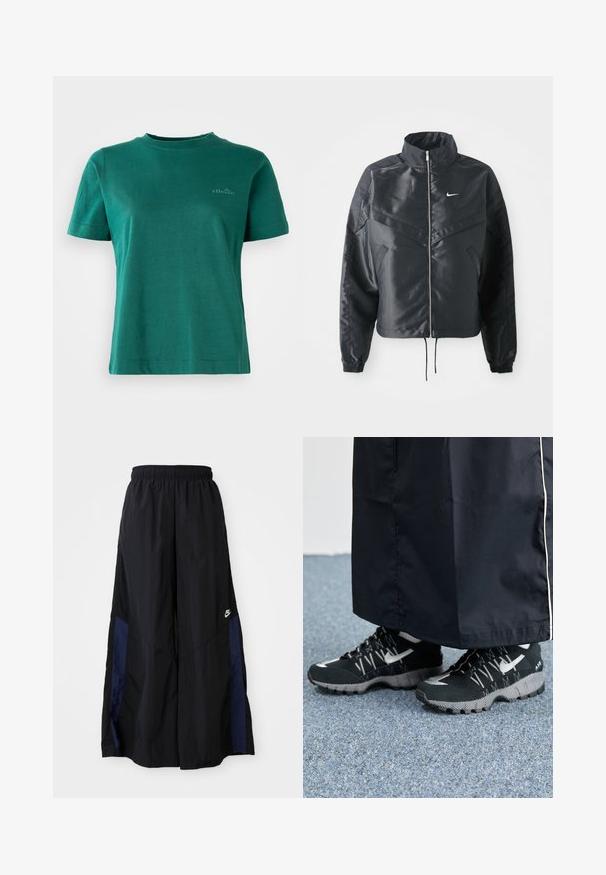 Mustat lyhyet takit, joissa on korkea kaulus, vetoketjukiinnitys, elastaanista valmistetut hihan suut ja valkoinen Nike-logo. Sileä, kiiltävä kangas, jossa on hieman tekstuuria.; Vihreä lyhythihainen t-paita pehmeästä kankaasta, jossa on pyöreä kaula-aukko ja hillitty logo etuosassa.; Musta leveälahkeinen housu, joka on valmistettu kevyestä kankaasta. Housuissa on tummansininen sivupaneeli ja joustava vyötärö. Alhaalla on pieni valkoinen logo.; Mustat urheilukengät, joissa on teksturoitu päällinen, hopeiset yksityiskohdat ja kuvioitu ulkopohja, yhdistettynä mustaan pitkään vaatteeseen. Taustalla sininen matto.