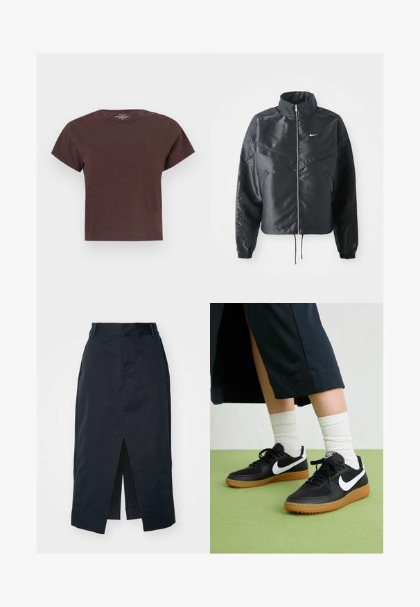 Fekete, rövidített dzseki magas gallérral, cipzáras záródással, elasztikus mandzsettákkal, és fehér Nike logóval. Simább, fényes anyag, enyhén textúrázott felülettel.; Barna, rövid ujjú póló puha anyagból. Kerek nyakkivágással és laza szabással rendelkezik, az alja egyenes vágású.; Sötét tengerészkék midi szoknya pamut keverék anyagból, elülső hasítékkal, elrejtett cipzárral és oldalsó zsebekkel a funkcionalitás érdekében.; Fekete bőr és szintetikus sneakers, fehér Nike logo-val, gumi talppal, kerek orral és fekete fűzővel. Csíkos fehér zokni látható.