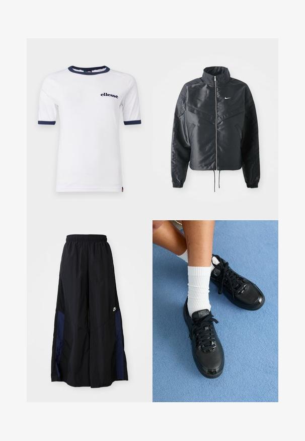 Mustat lyhyet takit, joissa on korkea kaulus, vetoketjukiinnitys, elastaanista valmistetut hihan suut ja valkoinen Nike-logo. Sileä, kiiltävä kangas, jossa on hieman tekstuuria.; Valkoinen T-paita, jossa on pyöreä kaula-aukko ja lyhyet hihat. Sisältää tummansiniset reunat kaulassa ja hihoissa. Edessä on pieni "ellesse"-logo.; Musta leveälahkeinen housu, joka on valmistettu kevyestä kankaasta. Housuissa on tummansininen sivupaneeli ja joustava vyötärö. Alhaalla on pieni valkoinen logo.; Musta Nike-kengät, joissa on teksturoidut päälliset, kiiltävät yksityiskohdat ja pyöreät nauhat. Ne on yhdistetty valkoisiin ribbipolkimiin vaaleansinisellä pinnalla.