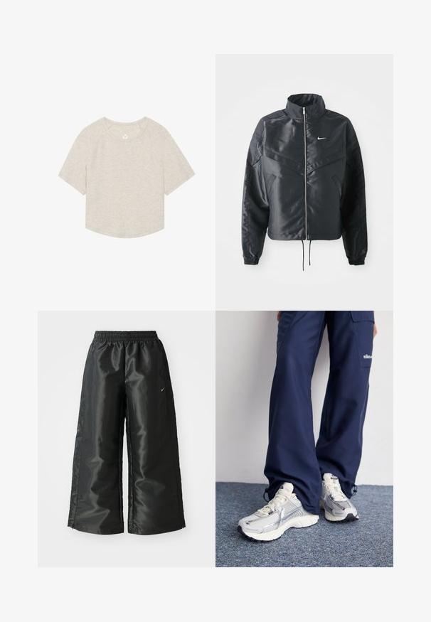Fekete, rövidített dzseki magas gallérral, cipzáras záródással, elasztikus mandzsettákkal, és fehér Nike logóval. Simább, fényes anyag, enyhén textúrázott felülettel.; Világos bézs színű, rövid fazonú póló puha anyagból, kerek nyakkivágással, rövid raglán ujjakkal és egy kis logóval a mellrészen.; Fekete sportnadrág fényes, sima anyagból, rugalmas derékkal, széles lábakkal és egy kis logóval a bal oldalon.; Nike sportcipők ezüst hálós felsőrésszel, fehér kiegészítőkkel és texturált talppal, lazán illeszkedő sötétkék nadrággal párosítva.