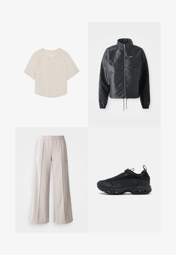 Juoda trumpa striukė su aukštu coloru, užtrauktuku, elastaniniu rankogaliu ir balta Nike logotipu. Lygus, blizgus audinys su šiek tiek tekstūruotu paviršiumi.; Šviesiai smėlinis trumpas marškinėliai pagaminti iš minkštos medžiagos, su apvalia iškirpte, trumpomis raglan rankovėmis ir mažuoju logotipu ant krūtinės.; Šviesiai pilki plačių kojų kelnės, pagamintos iš lygaus audinio. Turi elastingą juosmenį ir juodą Nike logotipą kairėje pusėje.; Juodos sportbačiai su tekstūriniu tinklo viršumi, guma padą ir matoma oro pagalve. Yra juostos ir perforuoti akcentai, užtikrinantys kvėpavimą.