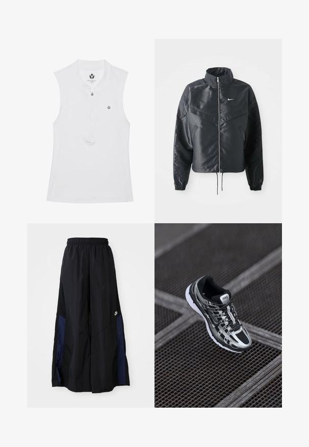 Black cropped jacket with high collar, zip closure, elastane cuffs, and a white Nike logo. Smooth, shiny fabric with a slightly textured surface.; White sleeveless athletic top with a high collar, half zipper, and a small logo on the chest. Smooth texture and fitted design.; Black wide-leg pants made of lightweight fabric, featuring a navy blue side panel and an elastic waistband. Small white logo on bottom.; Nike running shoe featuring a black and silver color scheme, mesh upper, textured sole, and lacing system for secure fit.
