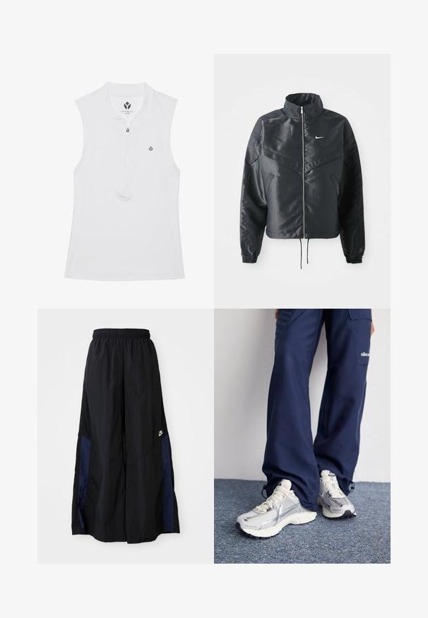 Svart cropped jakke med høy krage, glidelåsåpning, elastiske mansjetter og en hvit Nike-logo. Glatt, shiny stoff med en lett teksturert overflate.; Hvit ermeløs treningstopp med høyt krage, halv glidelås og en liten logo på brystet. Glatt tekstur og slimfit design.; Svarte vide bukser laget av lett stoff, med et marineblått sidestykke og elastisk midjebånd. Liten hvit logo nederst.; Nike treningssko med sølvfarget mesh-overdel, hvite detaljer og teksturerte såler, kombinert med løse mørkeblå bukser.