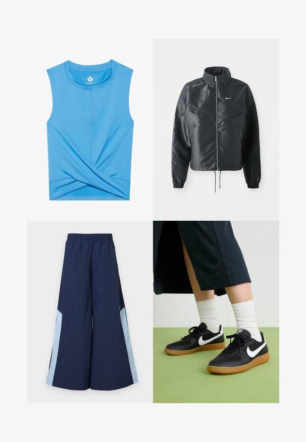 Zwarte cropped jack met hoge kraag, ritsluiting, elastische manchetten en een wit Nike-logo. Glad, glanzend materiaal met een licht gestructureerd oppervlak.; Blauw mouwloos topje van zacht materiaal met een gedraaid ontwerp aan de onderkant, ronde halslijn en platte naden voor comfort.; Marine wijde broek met een elastische tailleband, voorzien van lichtblauwe zijpanelen en een gladde textuur. Ontworpen voor comfort en bewegingsvrijheid.; Zwarte leren en synthetische sneakers met witte Nike swoosh, rubberen gumzool, ronde neus en zwarte veters. Geribbelde witte sokken zichtbaar.