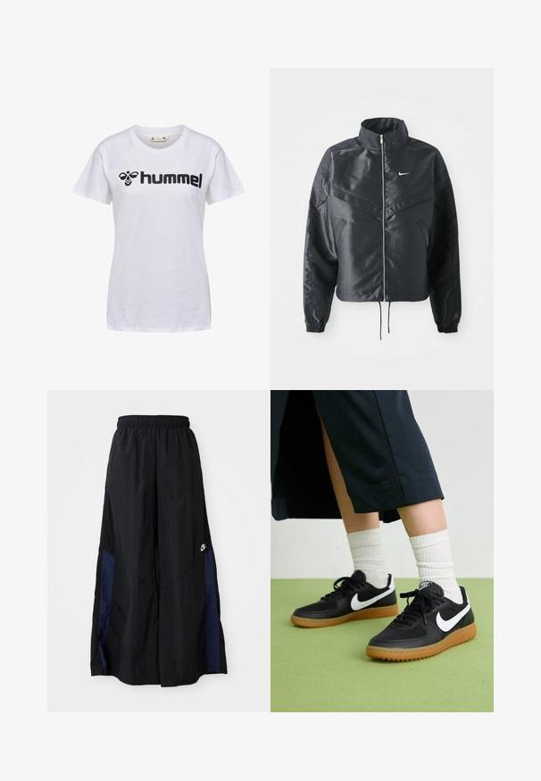 Zwarte cropped jack met hoge kraag, ritsluiting, elastische manchetten en een wit Nike-logo. Glad, glanzend materiaal met een licht gestructureerd oppervlak.; Witte katoenen T-shirt met korte mouwen. Voorzien van een zwart "hummel" logo en grafisch ontwerp op de voorkant. Ronde hals stijl.; Zwarte wijdlopende broek van lichtgewicht stof, met een marineblauwe zijpaneel en een elastische tailleband. Klein wit logo onderaan.; Zwarte leren en synthetische sneakers met witte Nike swoosh, rubberen gumzool, ronde neus en zwarte veters. Geribbelde witte sokken zichtbaar.