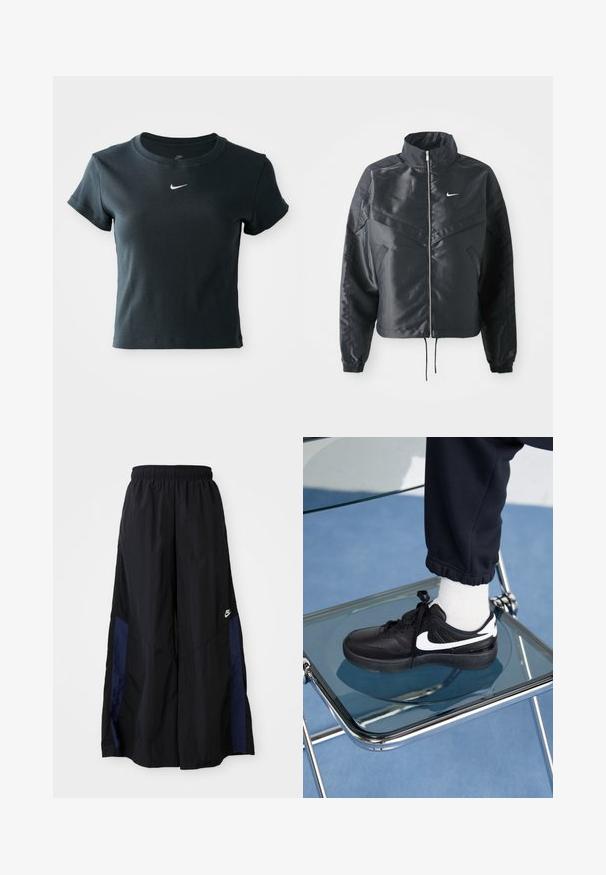 Černá zkrácená bunda s vysokým límcem, zipovým zapínáním, elastickými manžetami a bílým logem Nike. Hladká, lesklá látka s mírně strukturovaným povrchem.; Krátký rukáv, zkrácený černý žebrovaný tričko vyrobené z měkkého materiálu, s malým bílým logem Nike na hrudi.; Černé kalhoty širokého střihu vyrobené z lehkého materiálu, s námořnickou modrou bočním panelem a elastickým pasem. Malé bílé logo na spodní části.; Černé tenisky Nike s bílými akcenty, s hladkou koženou texturou, šněrovacím designem a zaoblenou špičkou, umístěné na skleněné židli.