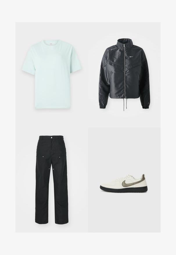 Jachetă croppată neagră cu guler înalt, închidere cu fermoar, manșete din elastan și un logo alb Nike. Material neted, lucios, cu o suprafață ușor texturată.; Tricou din bumbac verde mentă deschis, cu mâneci scurte și decolteu rotund. Are un mic logo alb în partea superioară stângă a pieptului.; Pantaloni negri cu un design drept, realizați dintr-un material texturat. Prezintă accesorii decorative din argint și detalii unice în cusături.; Nike Sportswear FIELD GENERAL - Sneakers low - off-white/black