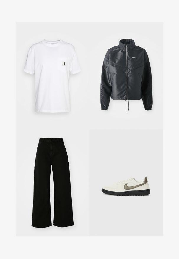 Zwarte cropped jack met hoge kraag, ritsluiting, elastische manchetten en een wit Nike-logo. Glad, glanzend materiaal met een licht gestructureerd oppervlak.; Witte katoenen t-shirt met korte mouwen, ronde hals en een linkerk borstzak met een zwart-wit logo label.; Zwarte wijde cargobroek van denim, met een hoge taille, sluiting met een knop aan de voorkant en zijzakken. Gladde textuur met minimale stiksels.; Nike Sportswear FIELD GENERAL - Sneakers laag - off-white/black