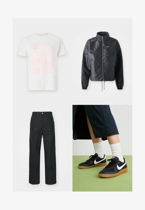 Black cropped jacket with high collar, zip closure, elastane cuffs, and a white Nike logo. Smooth, shiny fabric with a slightly textured surface.; White cotton t-shirt featuring a pink graphic print with the text "CATCH A WAVE" and abstract designs on the front. Short sleeves, round neck.; Black trousers with a straight-leg design, made of a textured fabric. Features decorative silver hardware and unique seam detailing.; Black leather and synthetic sneakers with white Nike swoosh, rubber gum sole, round toe, and black laces. Ribbed white socks visible.