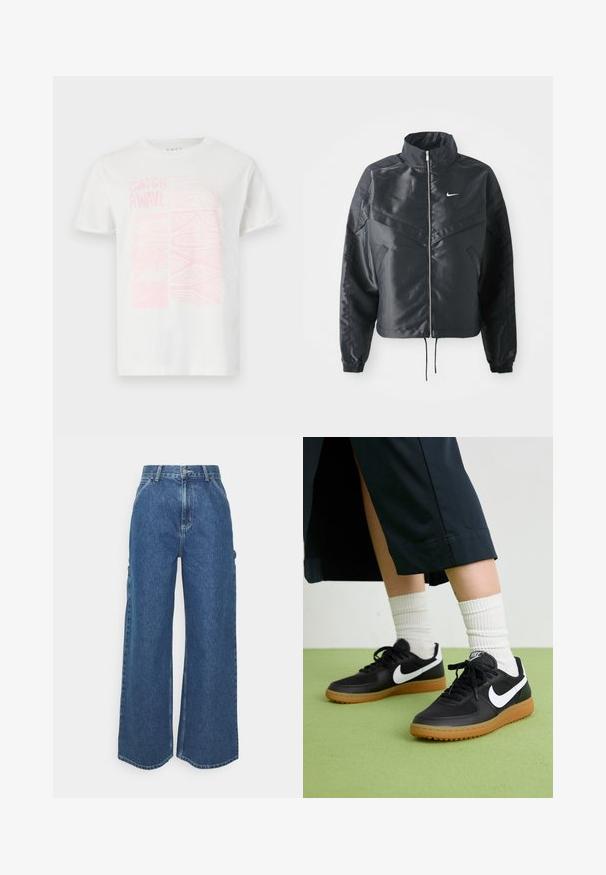 Casaco preto curto com colarinho alto, fecho de zip, punhos em elastano e um logótipo Nike branco. Tecido suave e brilhante com uma superfície ligeiramente texturizada.; T-shirt de algodão branco com uma estampagem gráfica em rosa com o texto "CATCH A WAVE" e designs abstratos na frente. Mangas curtas, decote redondo.; Calças de ganga azuis de perna larga com cintura alta, costuras em contraste e bolsos laterais, apresentando um design clássico de cinco bolsos e bainhas desfiadas.; Sapatilhas pretas em couro e sintético com o logo da Nike em branco, sola de borracha tipo goma, bico redondo e atacadores pretos. Meias brancas com frunces visíveis.