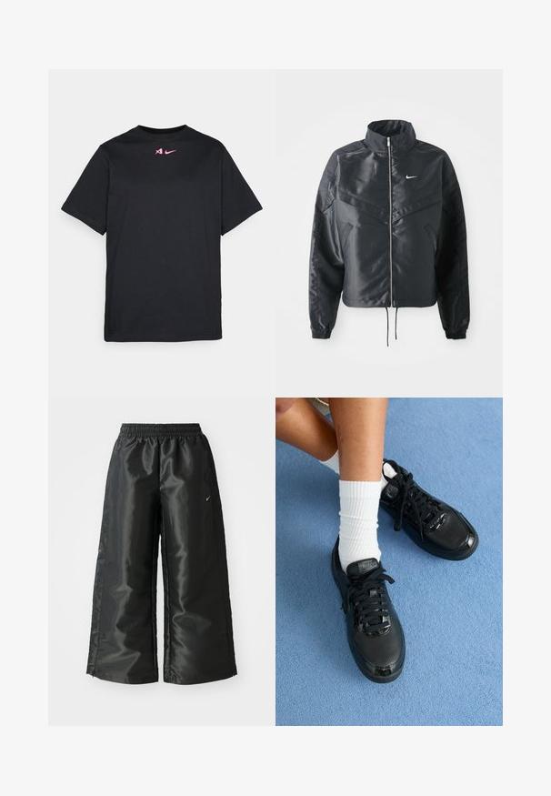 Čierna skrátená bunda s vysokým golierom, zipsovým uzatváraním, elastickými manžetami a bielym logom Nike. Hladká, lesklá tkanina s mierne textúrovaným povrchom.; Čierne bavlnené tričko s krátkymi rukávmi, so malým ružovým logom Nike a minimalistickým dizajnom. Hladká textúra a okrúhly výstrih.; Čierne športové nohavice s lesklým, hladkým materiálom, ktoré majú elastický pás, široké nohavice a malé logo na ľavej strane.; Čierne tenisky Nike majú štruktúrovaný zvršok, lesklé akcenty a okrúhle šnúrky. Sú skombinované s bielymi rebrovanými ponožkami na svetlomodrom povrchu.