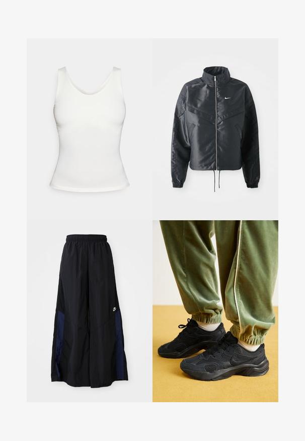 Juoda trumpa striukė su aukštu coloru, užtrauktuku, elastaniniu rankogaliu ir balta Nike logotipu. Lygus, blizgus audinys su šiek tiek tekstūruotu paviršiumi.; Balta be rankovių, prigludusi marškinėliai su apvaliu iškirpimu ant lygaus balto fono.; Juodos plačios kojų kelnės, pagamintos iš lengvos medžiagos, su tamsiai mėlyna šonine juostele ir elastinga juosmens juosta. Maža balta logotipo etikete apačioje.; Juodos sportinės kedai su tinkliuko ir sintetiniais atšvaitais, tekstūruotu padu, derinami su žaliais, su elastiniu rankogaliu sportiniais kelniais, ant geltono paviršiaus.