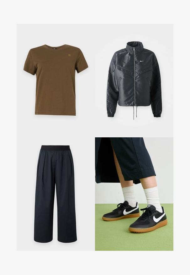 Črna skrajšana jakna z visokim ovratnikom, zadrgo, elastan rokavi in belim logotipom Nike. Gladek, sijoč material z rahlo teksturirano površino.; Rjava bombažna majica s kratkimi rokavi, krožnim izrezom, z majhnim rumenim logotipom na zgornjem levem delu prsnega koša.; Črne hlače širokih hlačnic z nabrano sprednjo stranjo, elastičnim pasom in gladko teksturo tkanine. Imajo sproščen kroj in skrajšano dolžino.; Črne usnjene in sintetične superge z belim Nike swooshom, gumo na podplatu, okroglo konico ter črnimi vezalkami. Vidne so rebraste bele nogavice.