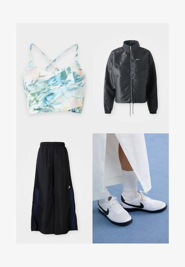 Μαύρο cropped μπουφάν με ψηλό γιακά, κλείσιμο με φερμουάρ, μανσέτες από ελαστάνη και λευκό λογότυπο Nike. Λείο, γυαλιστερό ύφασμα με ελαφρώς υφή.; Μπροστινή όψη ενός κροπ μπικίνι τοπ σε πολυχρωμο, ιριδίζον ύφασμα με διαστραμμένες τιράντες, που διαθέτει κυματιστό μοτίβο σε αποχρώσεις του μπλε και του πράσινου.; Μαύρο παντελόνι με φαρδιά πόδια, κατασκευασμένο από ελαφρύ ύφασμα, με μπλε ναυτική πλευρική λωρίδα και ελαστική μέση. Μικρό λευκό λογότυπο στο κάτω μέρος.; Λευκά αθλητικά παπούτσια Nike με μαύρες λεπτομέρειες, διαθέτουν μαλακό επάνω μέρος από δέρμα, λευκές κορδόνες και ανθεκτικές σόλες από καουτσούκ, σε συνδυασμό με λευκές ριγωτές κάλτσες.