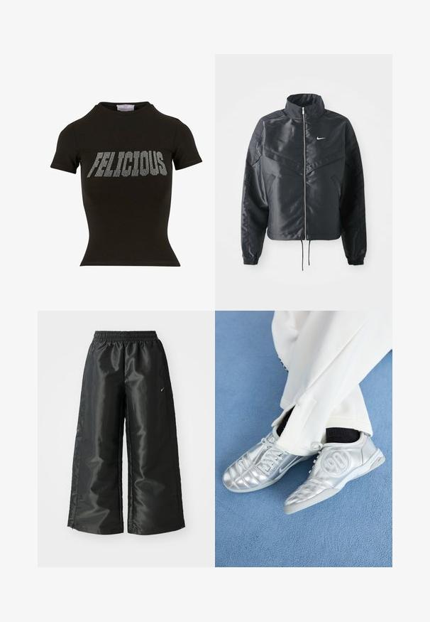 Černá zkrácená bunda s vysokým límcem, zipovým zapínáním, elastickými manžetami a bílým logem Nike. Hladká, lesklá látka s mírně strukturovaným povrchem.; Černé tričko s krátkým rukávem vyrobené z bavlny, s přiléhavým střihem a stříbrným nápisem z rhinestones s nápisem "FELICIOUS" na přední straně.; Černé sportovní kalhoty z lesklé, hladké látky, s elastickým páskem, širokými nohavicemi a malým logem na levé straně.; Stříbrné sportovní boty s hladkým, lesklým povrchem, se šitým designem a číslem 90 na boku, spárované s bílými kalhotami.
