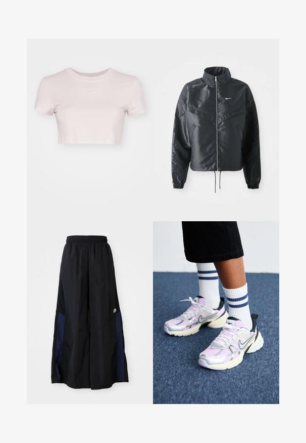 Chaqueta negra corta con cuello alto, cierre de cremallera, puños de elastano y un logo de Nike en blanco. Tejido suave y brillante con una superficie ligeramente texturizada.; Camiseta corta en rosa claro, hecha de tejido suave. Presenta un cuello redondo y mangas cortas con un pequeño logo blanco de Nike en el pecho.; Pantalones de pierna ancha negros, confeccionados en una tela ligera, con un panel lateral azul marino y una cinturilla elástica. Logotipo blanco pequeño en la parte inferior.; Zapatillas Nike con un upper de malla lavanda, acentos en plata y negro, y una suela gruesa crema. Combinadas con calcetines blancos con rayas azules.