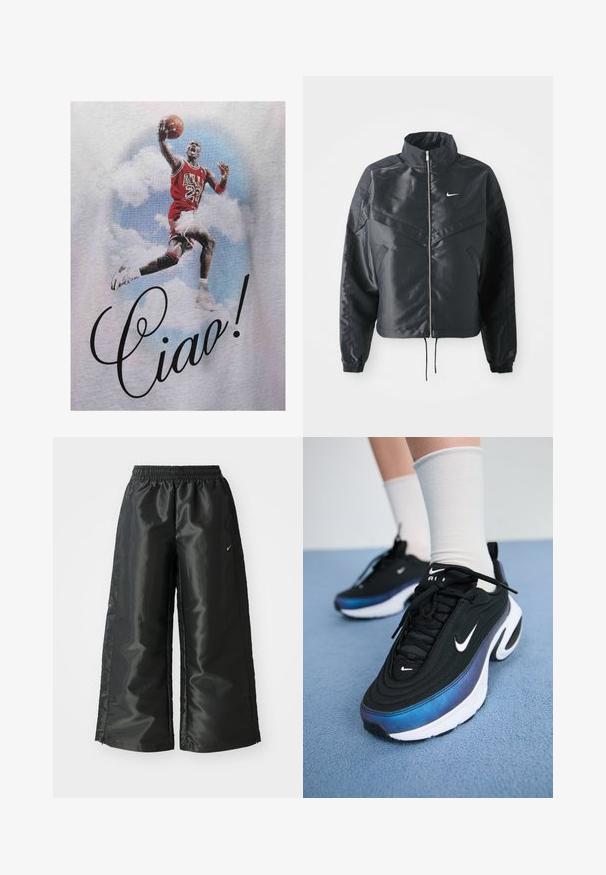 Jachetă croppată neagră cu guler înalt, închidere cu fermoar, manșete din elastan și un logo alb Nike. Material neted, lucios, cu o suprafață ușor texturată.; Tricou roșu cu grafică, prezentând un jucător de baschet sărind în echipamentul Bulls, cu textul "Ciao!" imprimat în cursivă neagră. Fundalul arată nori.; Pantaloni sportivi negri dintr-un material lucios si neted, dotati cu o talie elastica, picioare late si un logo mic pe partea stanga.; Adidași negri Nike cu un material superior neted, având un design în gradient de la albastru la negru, talpă albă și accente logo proeminente.