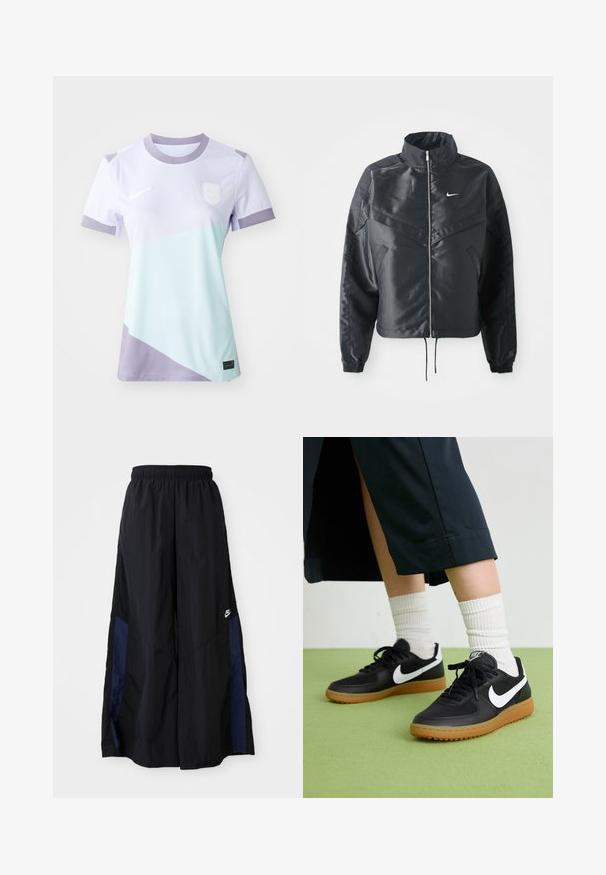 Must kolledžiga must lühike jope, millel on lukuga sulgus, elastne mansett ja valge Nike logo. Sile, läikiv kangas, millel on veidi tekstureeritud pind.; Nike'i lühikeste varrukatega särk, helesinine ja piparmündiroheline värviline disain, ümar kaelus ja brodeeritud logo.; Mustad laiad mustad püksid kergest kangast, millel on tumesinine külgpaneel ja elastne vöökoht. Väike valge logo allservas.; Mustad nahast ja sünteetilised sneekerid valge Nike logoga, kummist gumme, ümar nina ja mustad paelad. Näha ribakujulisi valgeid sokke.