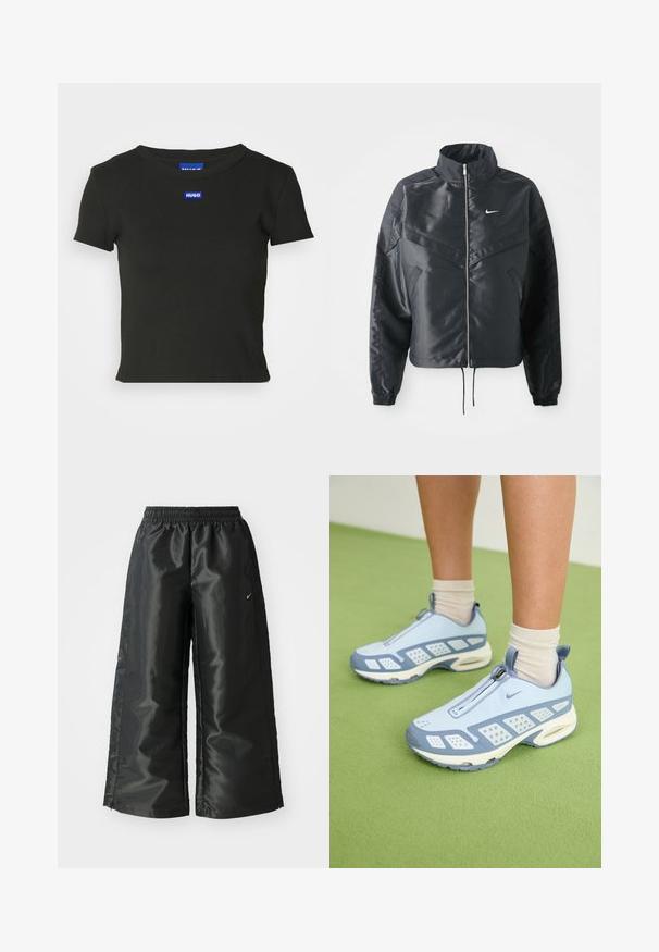 Čierna skrátená bunda s vysokým golierom, zipsovým uzatváraním, elastickými manžetami a bielym logom Nike. Hladká, lesklá tkanina s mierne textúrovaným povrchom.; Čierne bavlnené tričko s priliehavým strihom, krátkymi rukávmi a okrúhlym výstrihom. Na hrudi sa nachádza modrá obdĺžniková nášivka s logom.; Čierne športové nohavice s lesklým, hladkým materiálom, ktoré majú elastický pás, široké nohavice a malé logo na ľavej strane.; Svetlo modré športové topánky s bielymi akcentmi, textúrovanými panelmi a zipsovým uzáverom. Obsahujú viditeľnú vzduchovú tlmiacu podrážku a gumovú podrážku.
