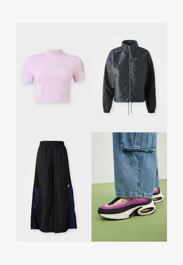 Giacca nera cropped con colletto alto, chiusura a zip, polsini in elastan e logo Nike bianco. Tessuto liscio e lucido con una superficie leggermente texturizzata.; Top corto a maniche corte di colore lilla chiaro, realizzato in tessuto elasticizzato. Presenta un collo alto e un logo bianco sul petto. Texture liscia.; Pantaloni neri a gamba larga realizzati in tessuto leggero, con un pannello laterale blu navy e una cintura elastica. Piccolo logo bianco sul fondo.; Sneakers con una sfumatura di viola e giallo, dettagli neri, ammortizzazione ad aria visibile, abbinate a jeans baggy azzurri.