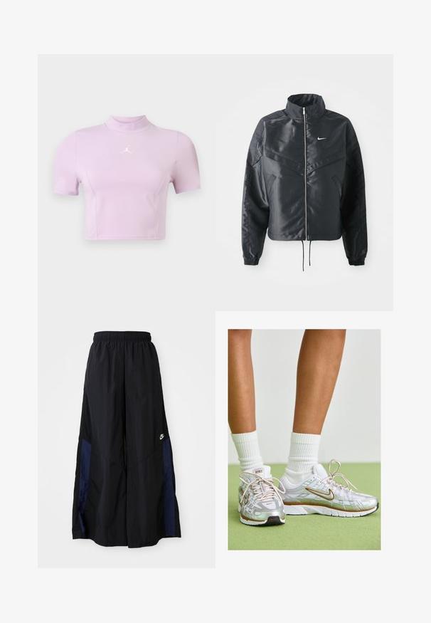 Black cropped jacket with high collar, zip closure, elastane cuffs, and a white Nike logo. Smooth, shiny fabric with a slightly textured surface.; Short-sleeve cropped top in light purple, made of stretchy fabric. Features a mock neck and a white logo on the chest. Smooth texture.; Black wide-leg pants made of lightweight fabric, featuring a navy blue side panel and an elastic waistband. Small white logo on bottom.; Silver athletic shoes with white and gold accents, featuring a mesh upper, rubber sole, and a reflective finish. Socks visible above ankle.