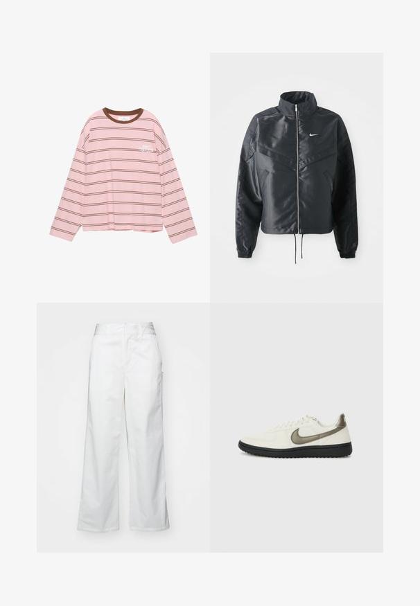 Sort cropped jakke med høj krave, lynlås lukning, elastiske manchetter og et hvidt Nike-logo. Glat, blankt stof med en let struktureret overflade.; Langærmet lyserød t-shirt med brune vandrette striber. Har en brun rund halsudskæring og hvid tekst "DON'T POSTPONE" på brystet.; Hvide brede bukser lavet af bomuld, med en glat overflade, lige pasform, forlommer og en ren kant.; Nike Sportswear FIELD GENERAL - Sneakers - off-white/black