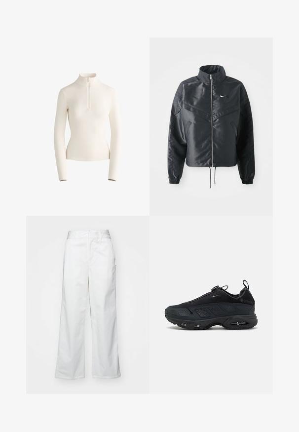 Schwarze, verkürzte Jacke mit hohem Kragen, Reißverschluss, Elastan-Ärmeln und einem weißen Nike-Logo. Glattes, glänzendes Material mit leicht strukturiertem Oberflächeneffekt.; Leichtes, cremefarbenes Langarmoberteil mit hohem Kragen undhalb Reißverschluss, das ein eng anliegendes Design und eine glatte Textur aufweist.; Weiße, weit geschnittene Hosen aus Baumwolle mit glatter Textur, geradem Schnitt, seitlichen Taschen und einem sauberen Saum.; Schwarze Turnschuhe mit einem strukturierten Mesh-Obermaterial, Gummisohle und sichtbarer Luftpolsterung. Verfügt über Riemen und perforierte Akzente für Atmungsaktivität.