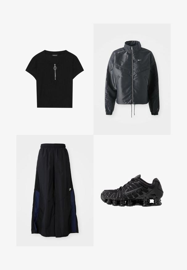 Must kolledžiga must lühike jope, millel on lukuga sulgus, elastne mansett ja valge Nike logo. Sile, läikiv kangas, millel on veidi tekstureeritud pind.; Must beežiline lühihelbedega topp, millel on ümar kaelus ja ees pikk tõmblukk metallringiga, valmistatud tekstuurse materjali kasutamisega.; Mustad laiad mustad püksid kergest kangast, millel on tumesinine külgpaneel ja elastne vöökoht. Väike valge logo allservas.; Must mustusjalats, millel on võrkmaterjalist ülemine osa ja läikivad kattekihtide detailid. Omab kaardus spiraallöögi pehmendust ning tekstuuriga jooni küljel. Nähtav Nike logo.