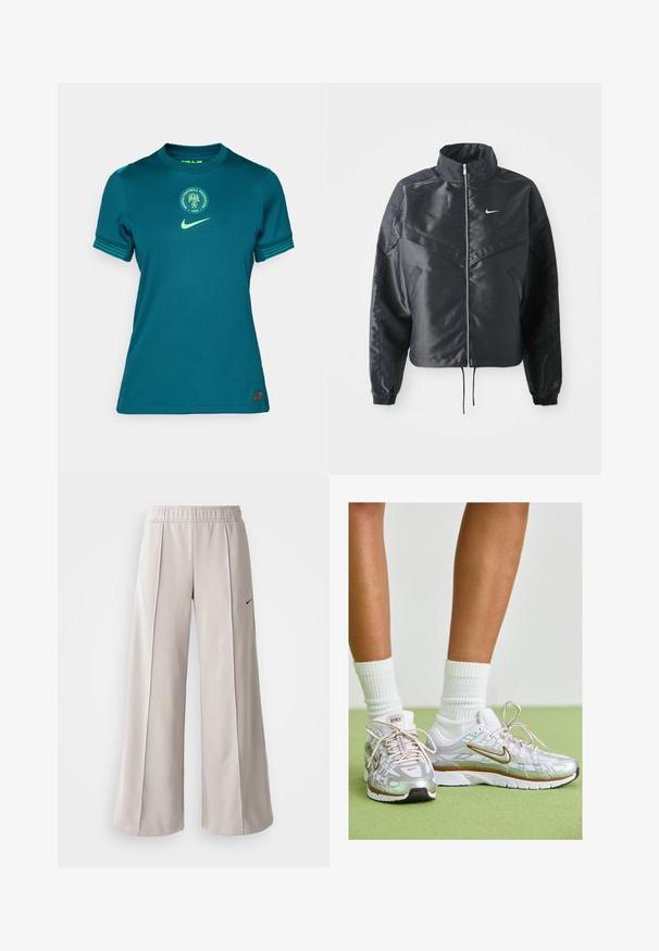 Črna skrajšana jakna z visokim ovratnikom, zadrgo, elastan rokavi in belim logotipom Nike. Gladek, sijoč material z rahlo teksturirano površino.; Tirkizna Nike nogometna majica z okroglim izrezom, kratkimi rokavi, zelenimi poudarki in krožnim logotipom Nigerijske nogometne zveze.; Svetlo sivi široki hlače iz gladkega materiala. Imajo elastični pas in črni Nike logotip na levi strani.; Srebrni športni čevlji z belimi in zlatimi detajli, ki imajo zgornji del iz mrežastega materiala, gumijast podplat in odsevno obdelavo. Nogavice so vidne nad gležnjem.