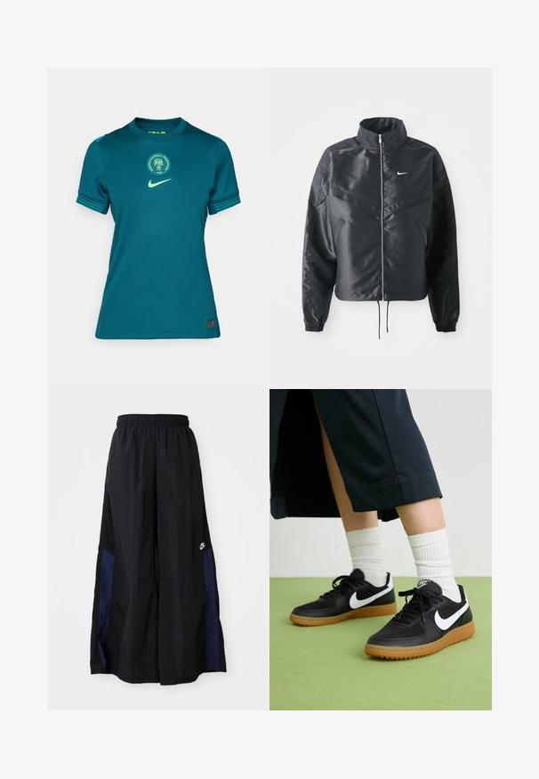 Svart kort jacka med hög krage, dragkedja, ärmslut i elastan och en vit Nike-logotyp. Slät, glänsande tyg med en något strukturerad yta.; Teal Nike fotbollströja med rund halsringning, korta ärmar, gröna detaljer och en cirkulär logotyp för Nigeria Football Federation.; Svarta vida byxor gjorda av lättviktig tyg, med en marinblå sid panel och ett elastiskt midjeband. Litet vitt logotyp nertill.; Svarta läder- och syntetiska sneakers med vit Nike-logga, gummisula, rund tå och svarta snörningar. Ribbad vit strumpor synliga.