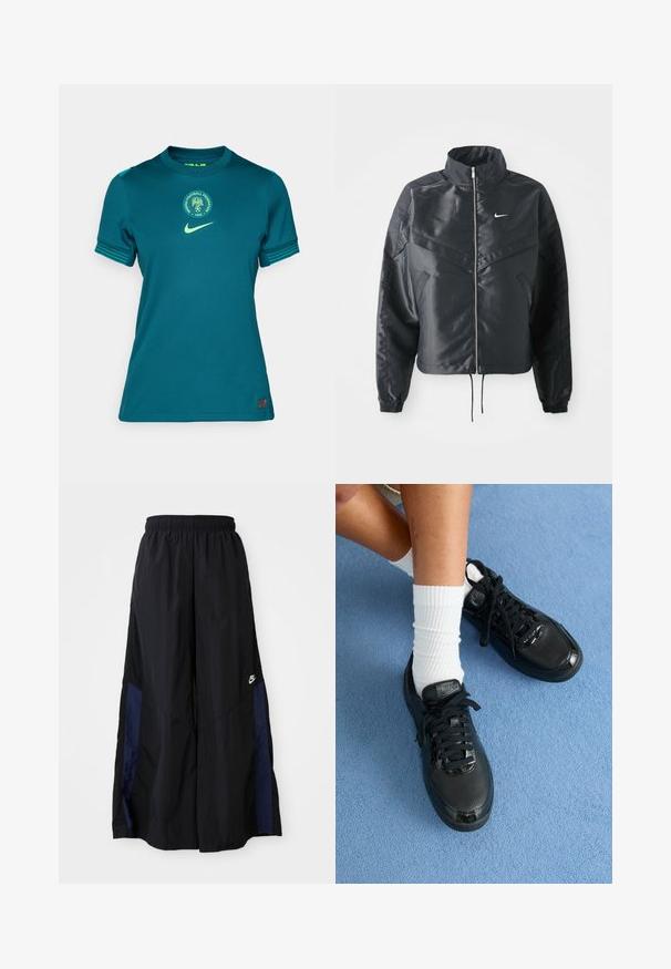 Čierna skrátená bunda s vysokým golierom, zipsovým uzatváraním, elastickými manžetami a bielym logom Nike. Hladká, lesklá tkanina s mierne textúrovaným povrchom.; Tyrkysové futbalové tričko Nike s okrúhlym výstrihom, krátkymi rukávmi, zelenými akcentmi a kruhovým logom Futbalovej federácie Nigérie.; Čierne voľné nohavice vyrobené z ľahkého materiálu, s námorníckym modrým postranným panelom a elastickým pásom. Malé biele logo na spodnej časti.; Čierne tenisky Nike majú štruktúrovaný zvršok, lesklé akcenty a okrúhle šnúrky. Sú skombinované s bielymi rebrovanými ponožkami na svetlomodrom povrchu.